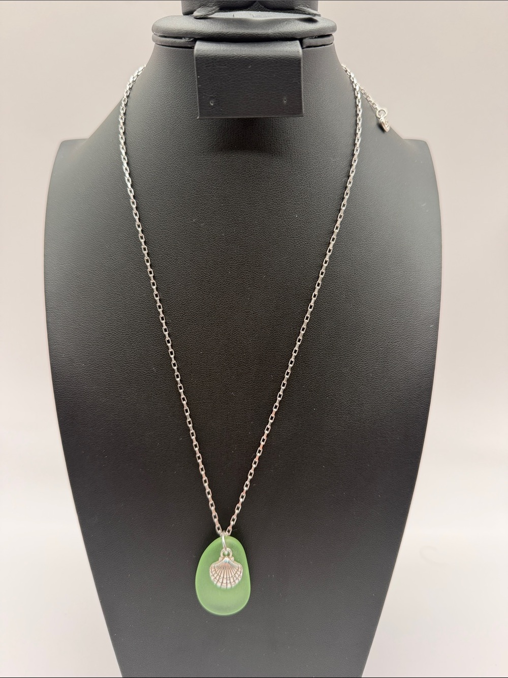 Brighton Sea Horse Necklace Green Frosted Sea Glass with Sm Silver Shell
